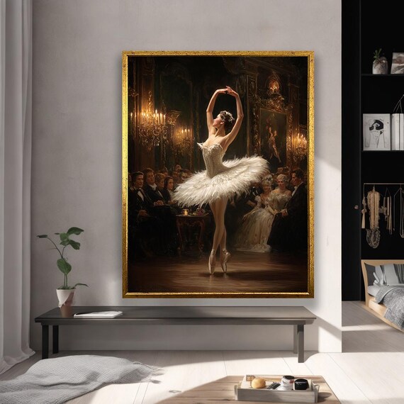 Elegant Ballerina White Tutu Performing Grand Hall Classic Oil Poster