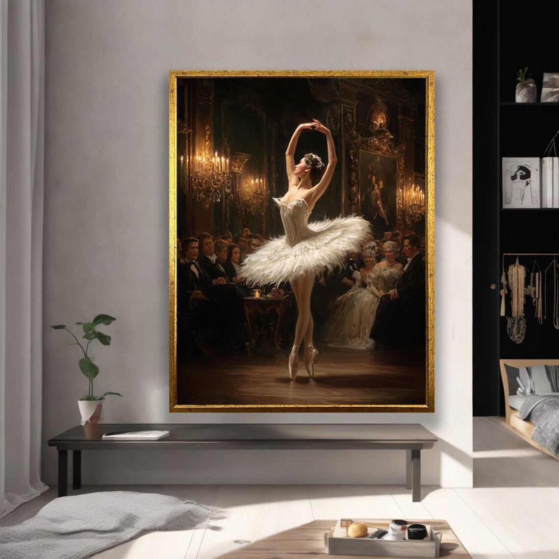 Elegant Ballerina White Tutu Performing Grand Hall Classic Oil Poster