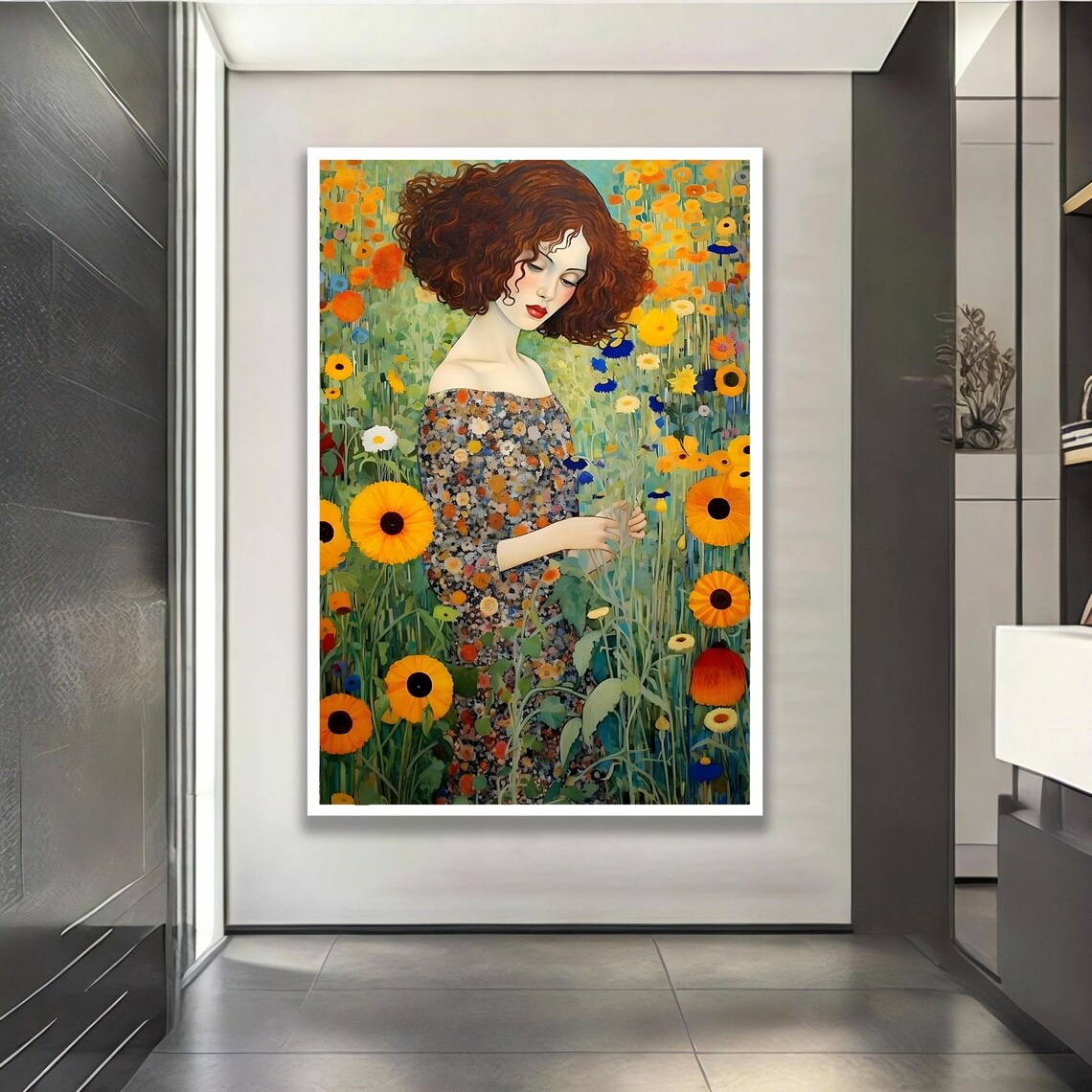 Woman in Wildflower Field Sunflower Art Nouveau Style Poster