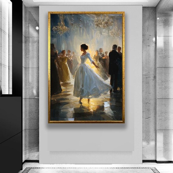 Elegant Ballroom Dance Scene Classic Oil Style Romantic Chandelier Poster