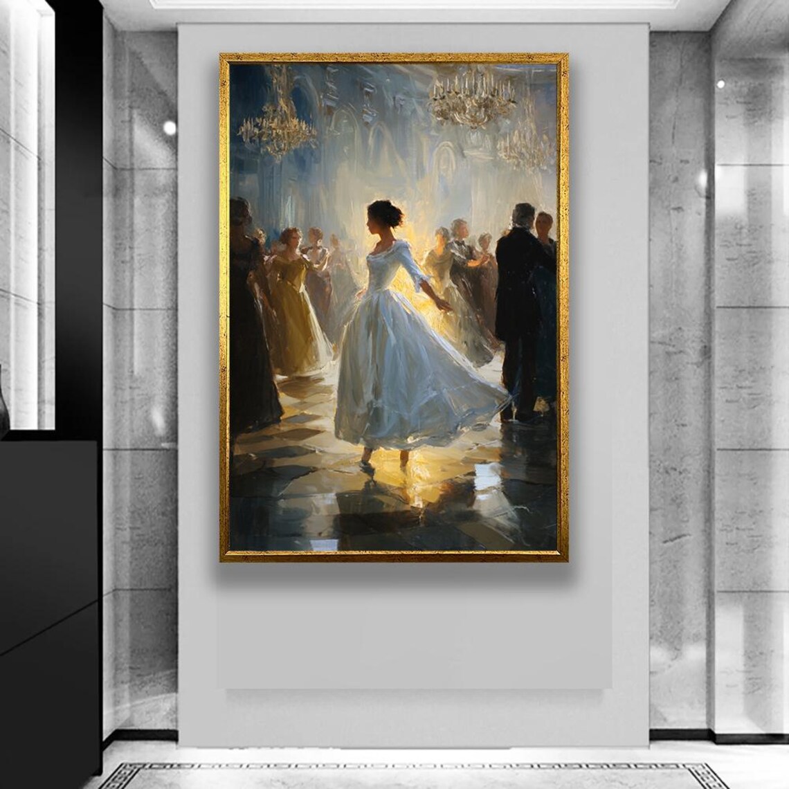 Elegant Ballroom Dance Scene Classic Oil Style Romantic Chandelier Poster
