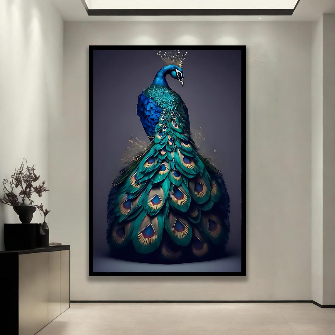 Elegant Peacock Teal Gold Feather Display Luxury Bird Canvas Poster