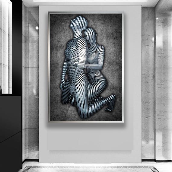 Abstract Lovers Embrace Futuristic 3d Illusion Canvas Art