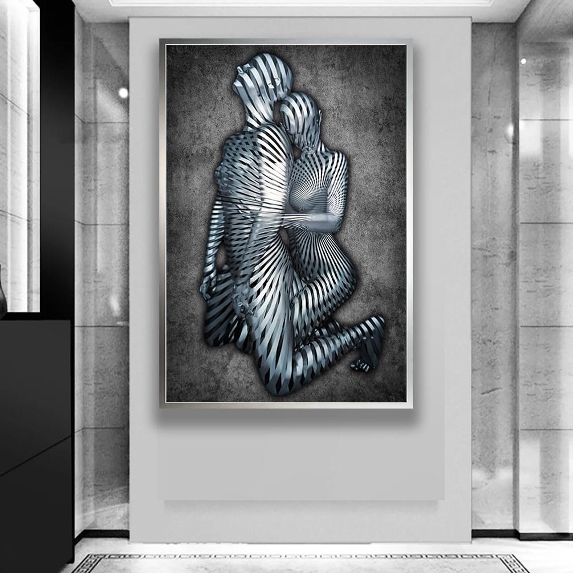 Silver Ribbon Couple Embrace Abstract 3D Sculpture Modern Poster