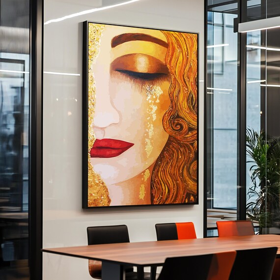 Klimt Inspired Golden Tears Woman Face Gold Leaf Red Lips Art Poster