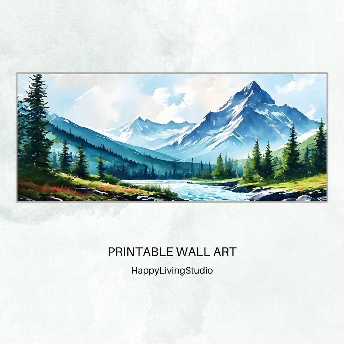 Snowy Mountain River Valley Watercolor Morning Light Landscape Poster