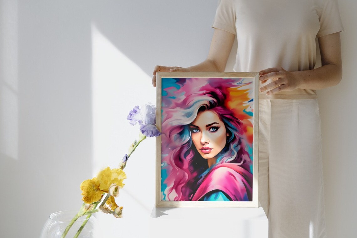 Vibrant Watercolor Woman Portrait Magenta Blue Hair Beauty Art Poster - Image 3