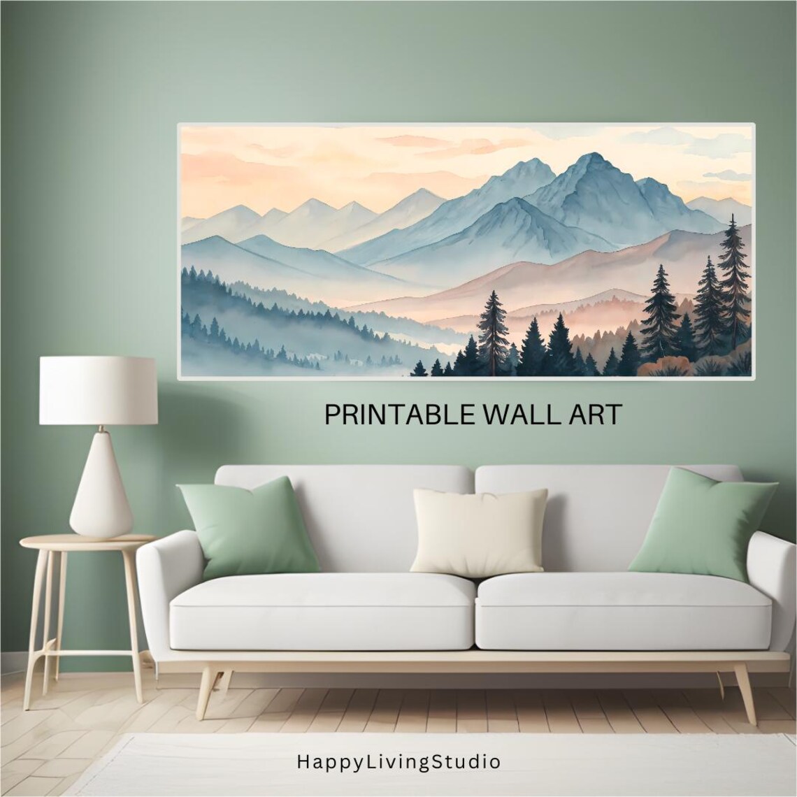 Calming Mountains Wall Art Large Art High Resolution Print Horizontal Wall Art Print Colorful Watercolor Art - Image 3