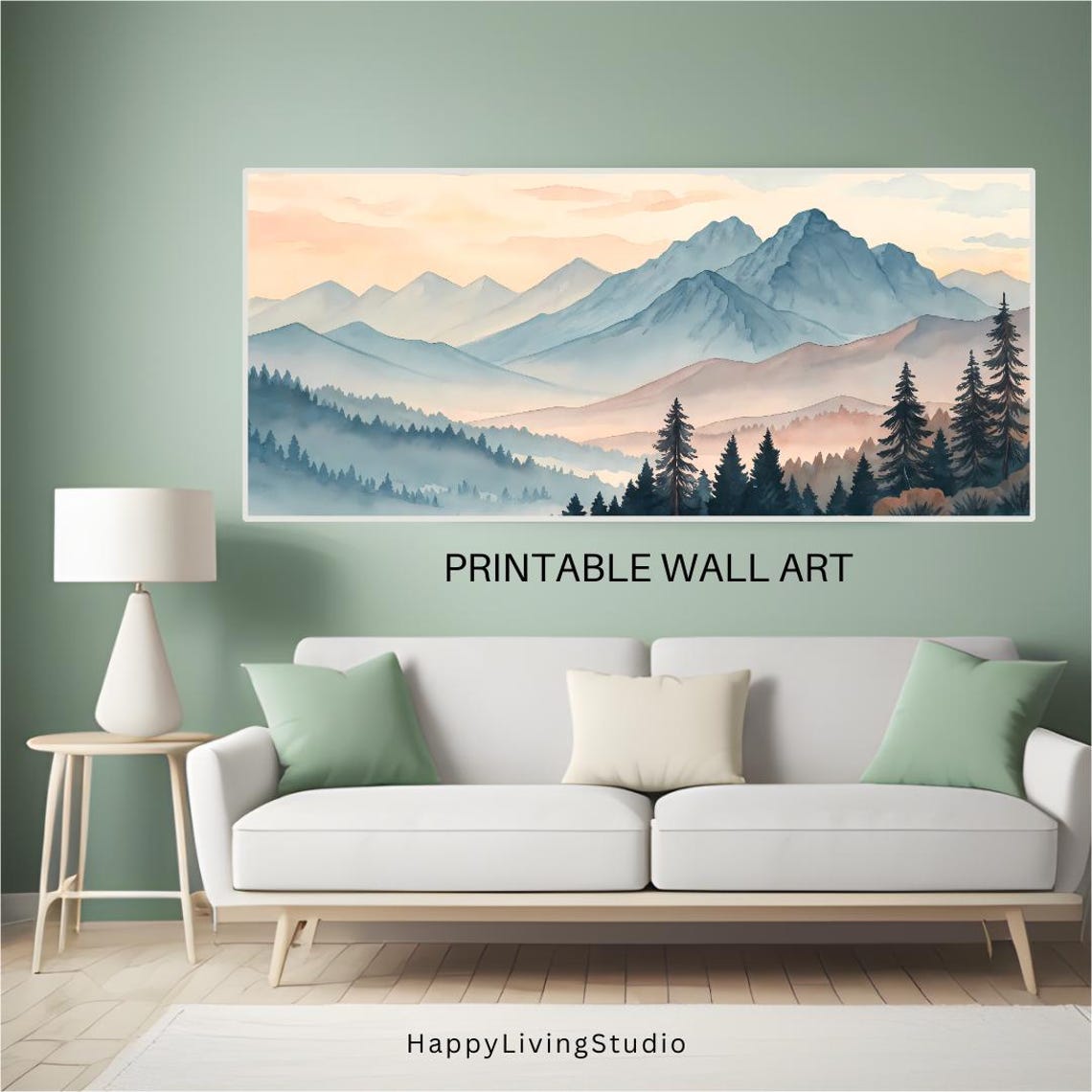 Pastel Mountain Mist Watercolor Peach Sunset Peaks Pine Trees Poster - Image 3