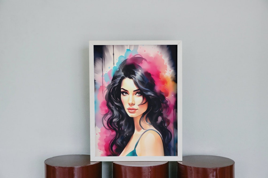 Brunette Woman Watercolor Portrait Pink Splash Elegant Beauty Poster - Image 4