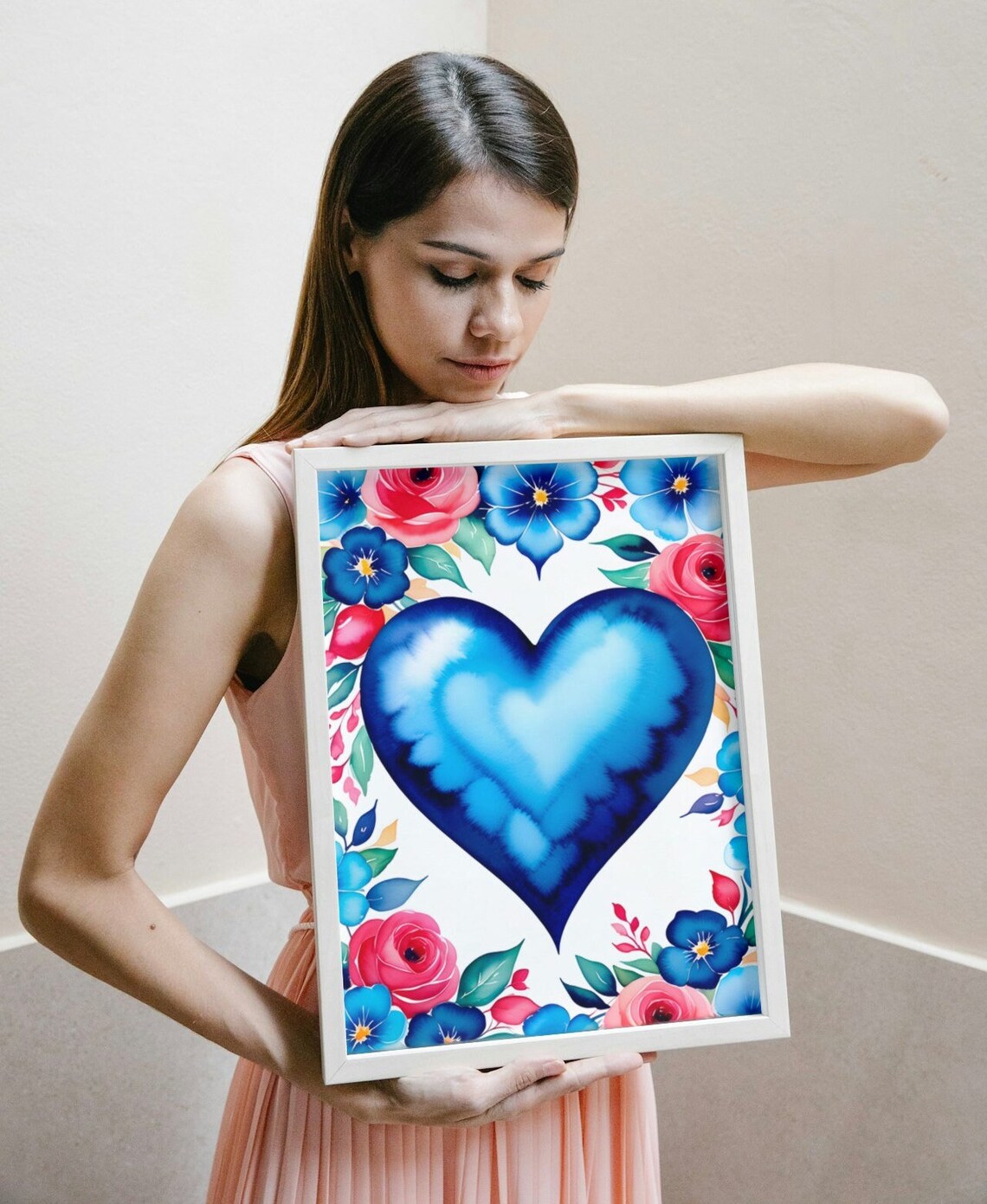 Blue Heart Watercolor Floral Border Love Art Valentine Wall Poster