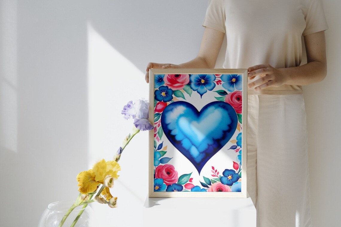Blue Heart Watercolor Floral Border Love Art Valentine Wall Poster - Image 3