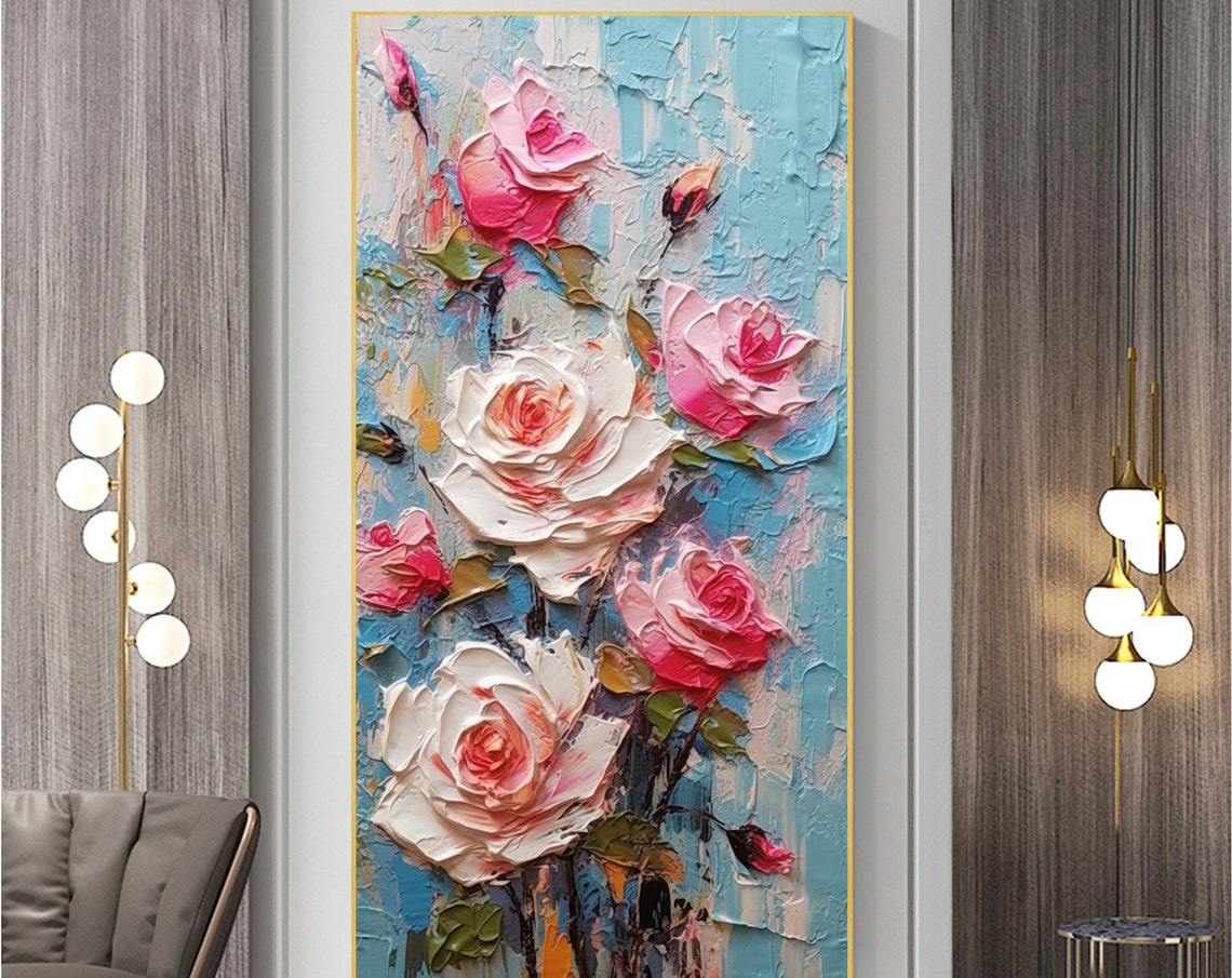 Pink and White Roses Impasto Oil Painting on Blue Canvas Poster - Image 6