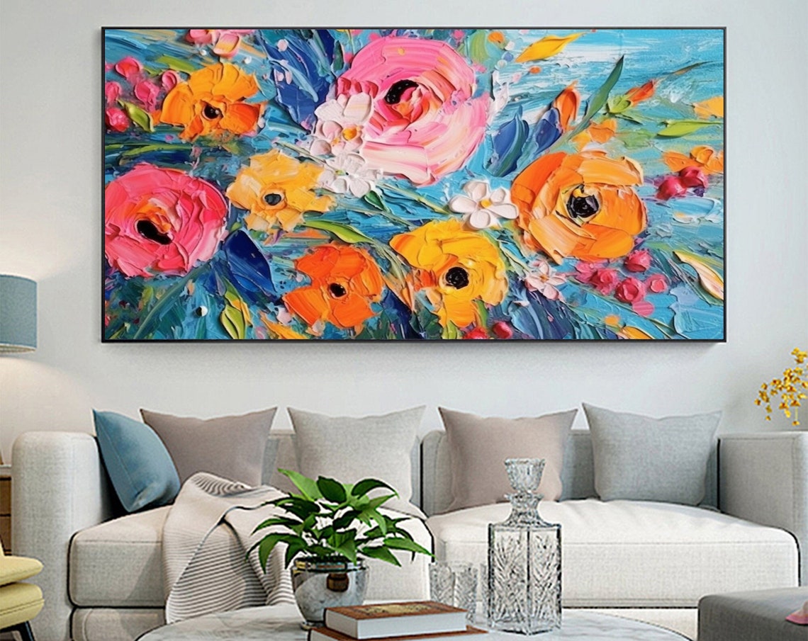 Vivid Impasto Blossoms Dancing Across a Turquoise Canvas Poster