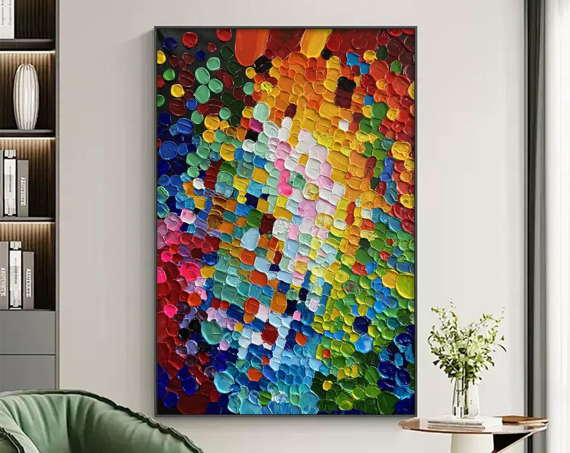 Rainbow Mosaic Color Block Dots Vertical Oil Painting Art Print