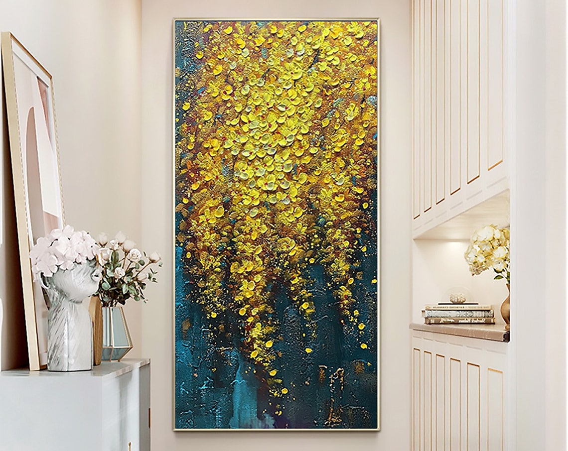 Cascading Golden Wisteria Blossoms Against Deep Teal Canvas Poster