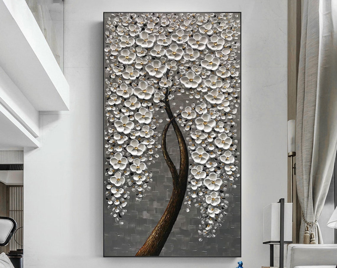 White Cherry Blossom Tree on Gray Vertical Oil Painting Art Print