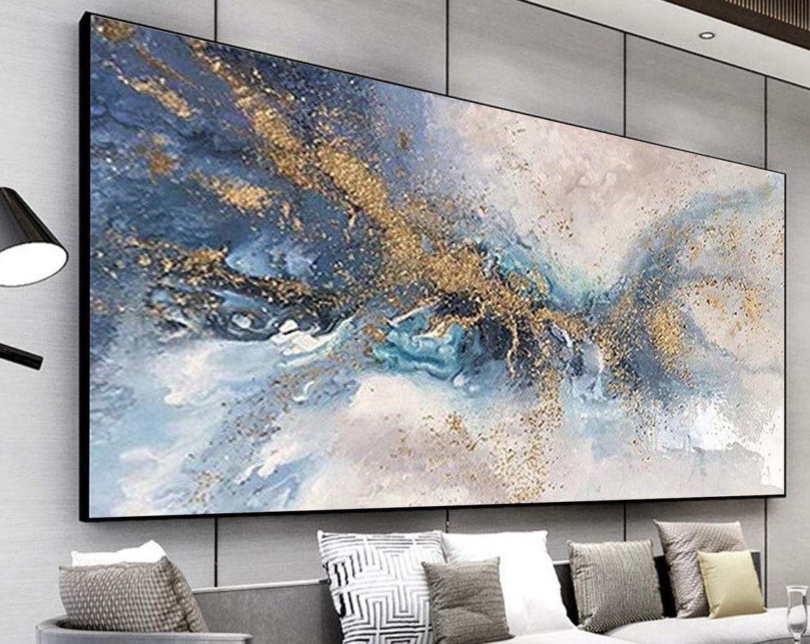 Gold Glitter Waves on Misty Blue Panoramic Oil Painting Art Print - Image 6