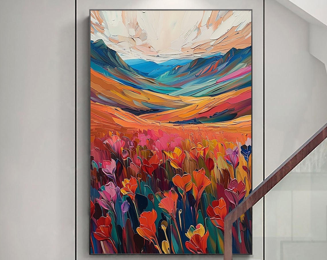 Colorful Mountain Valley Spring Flower Field Fauvist Landscape Poster