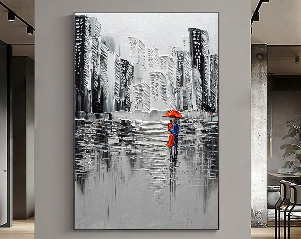 Large Abstract City Landscape Oil Painting On Romantic Couple Textured Modern Urban Wall Art Black Painting Living Room Home Decor
