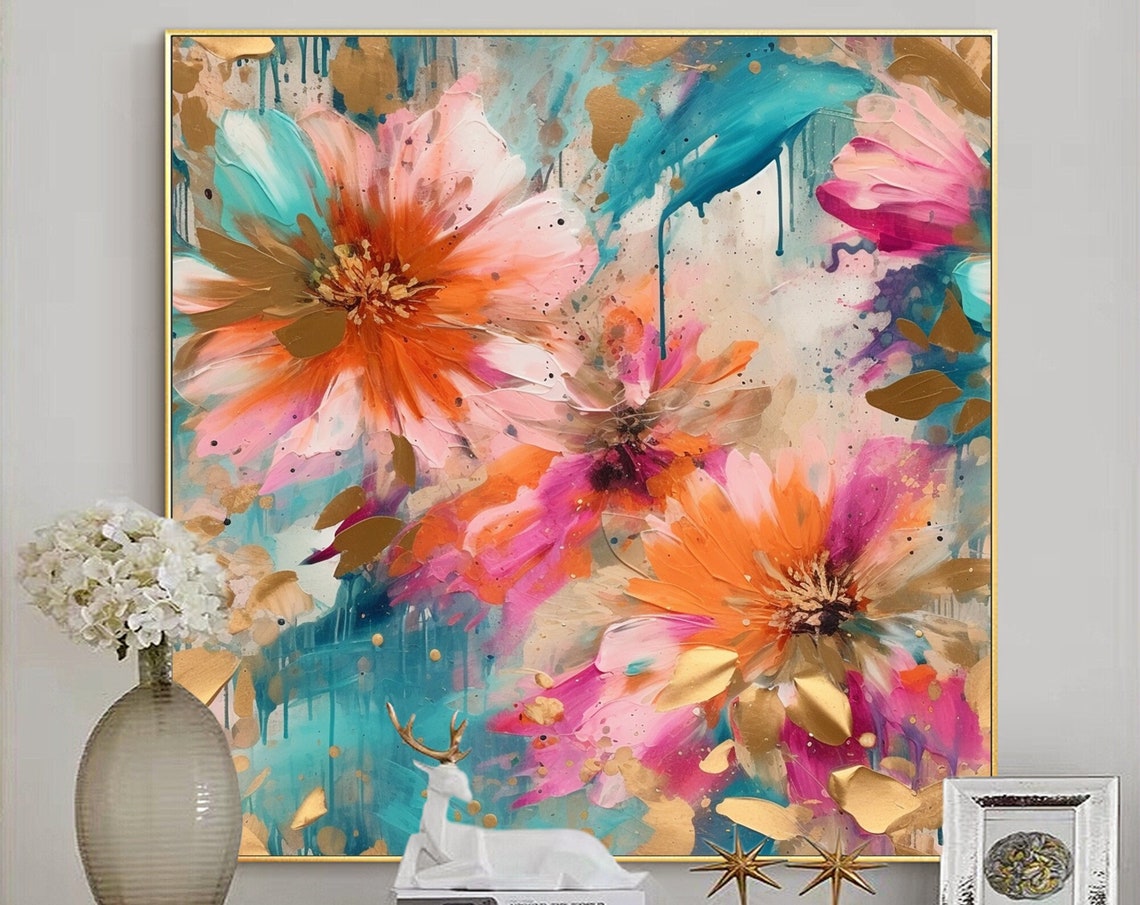 Pink Orange Abstract Blooms Turquoise Gold Drip Floral Poster