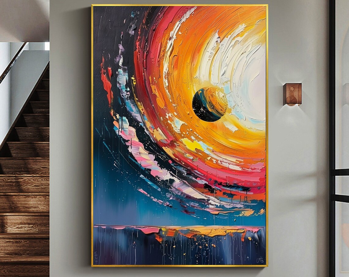 Colorful Swirling Cosmic Sunset Vertical Oil Painting Art Print - Image 6