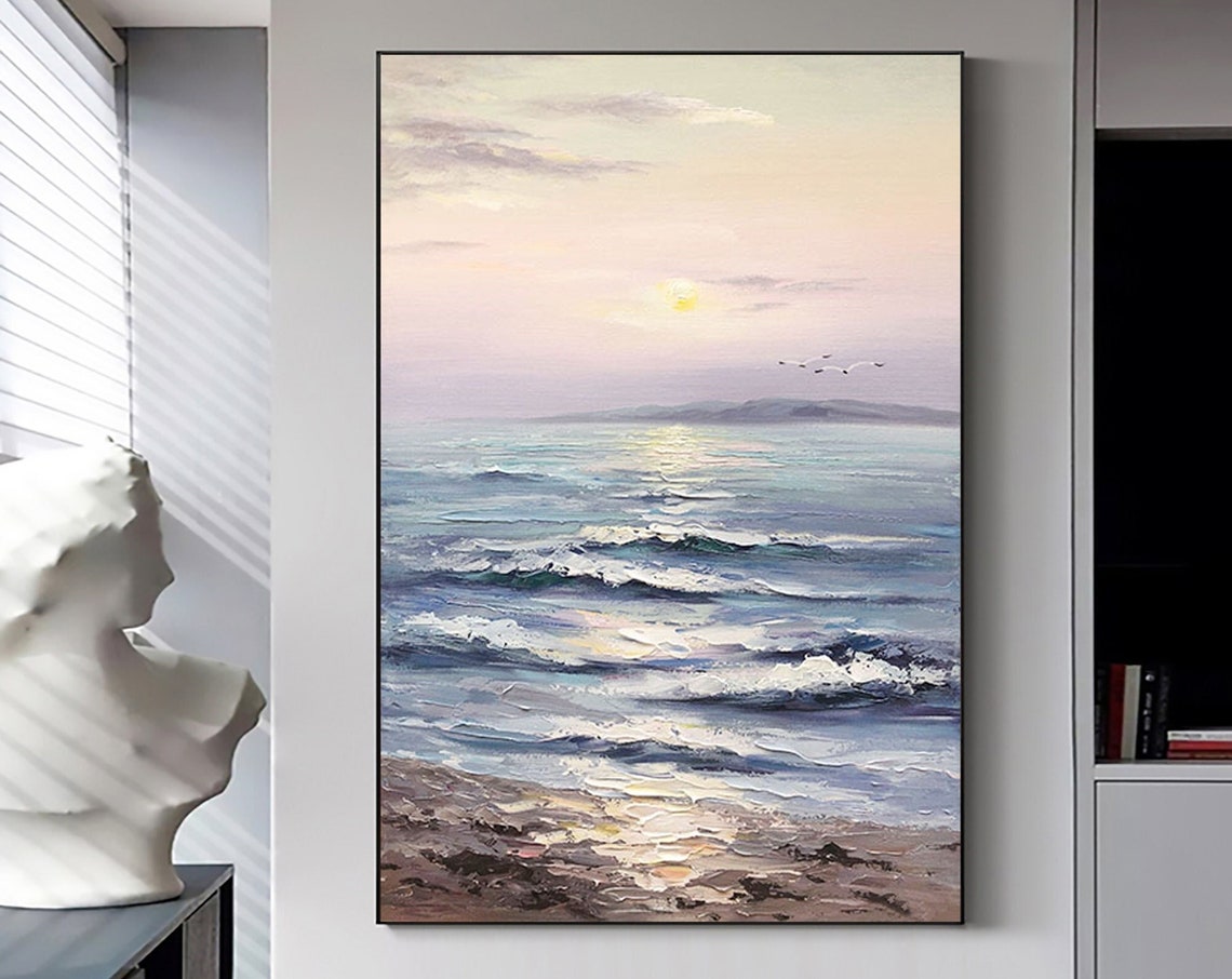 Pastel Ocean Sunset Rolling Waves Vertical Oil Painting Art Print
