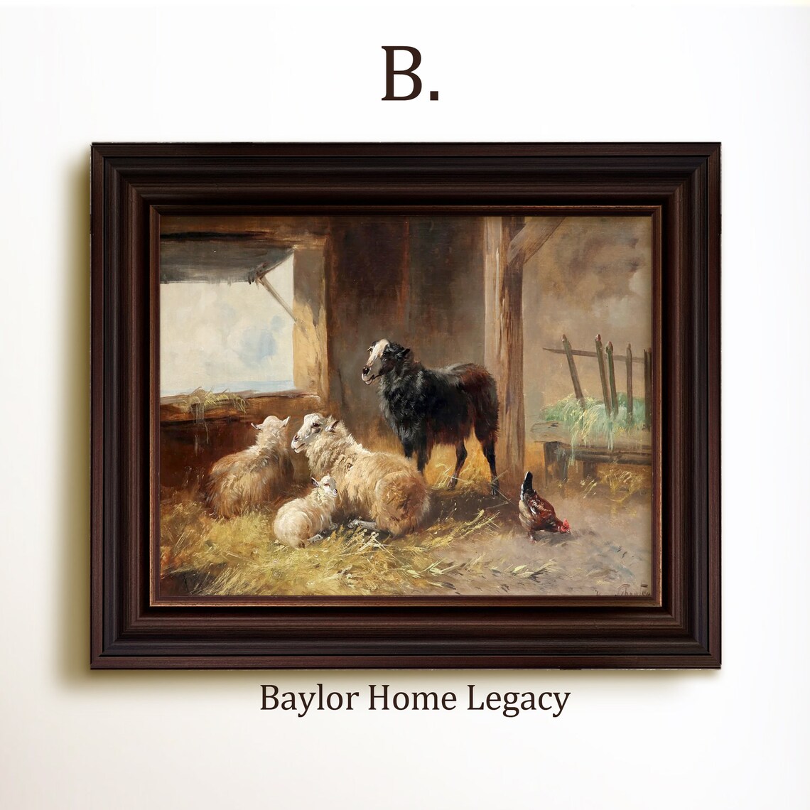 Sheep and Chicken Antique Barn Oil Painting Art Print - Image 4
