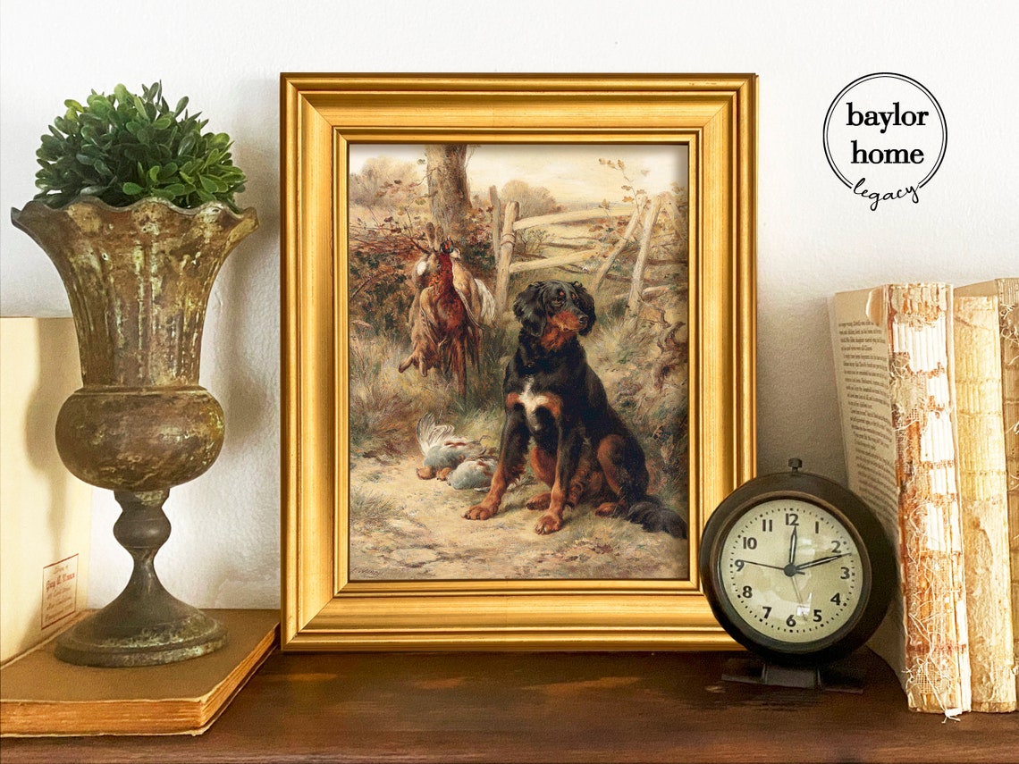 Framed Gordan Setter With Days Catch Hunting Dog Oil Painting Print Vintage Country Farmhouse Bird Dog Wall Art For Cabin - Image 3