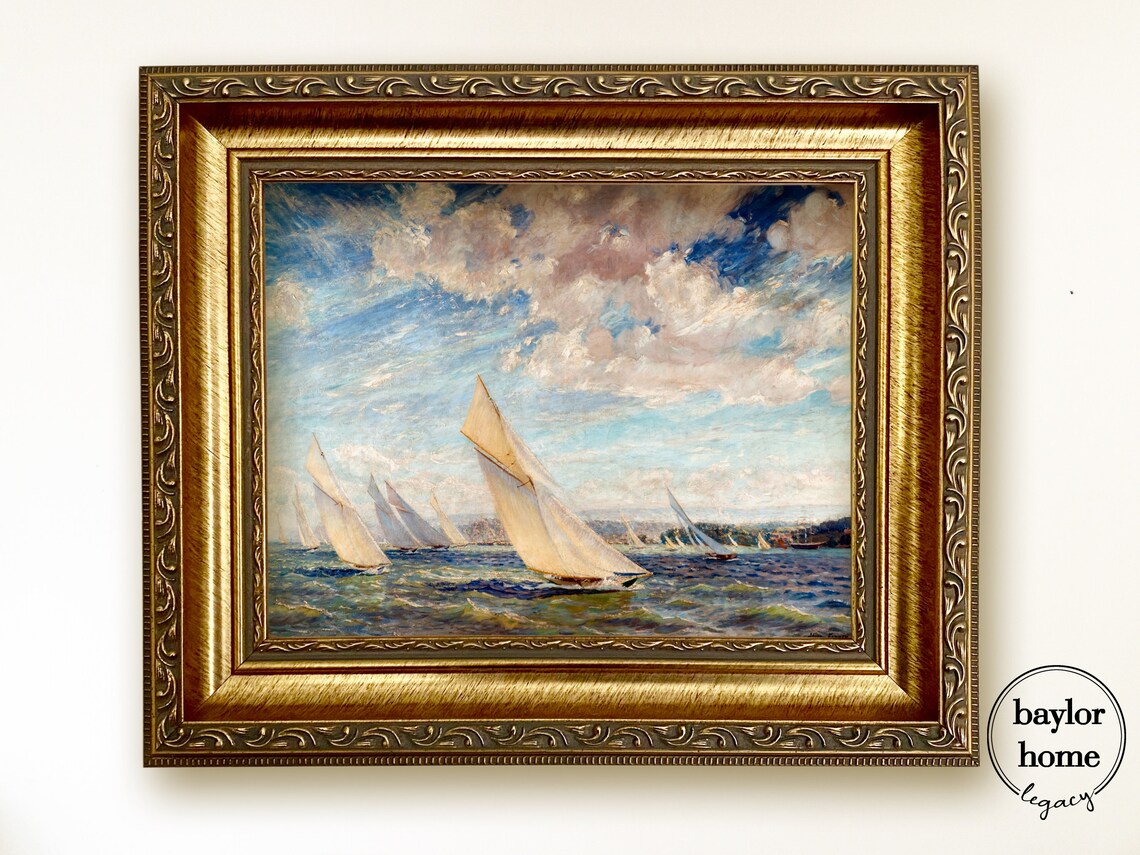 Vintage Nautical Sailboat Racing Oil Painting Art Print