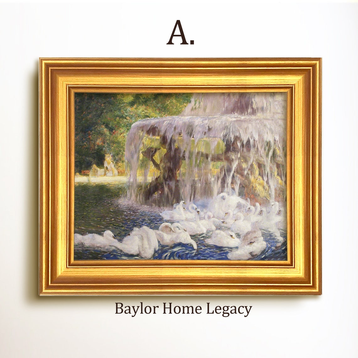 Swans Swimming Around Garden Fountain Vintage Romantic Bird Art Poster - Image 5
