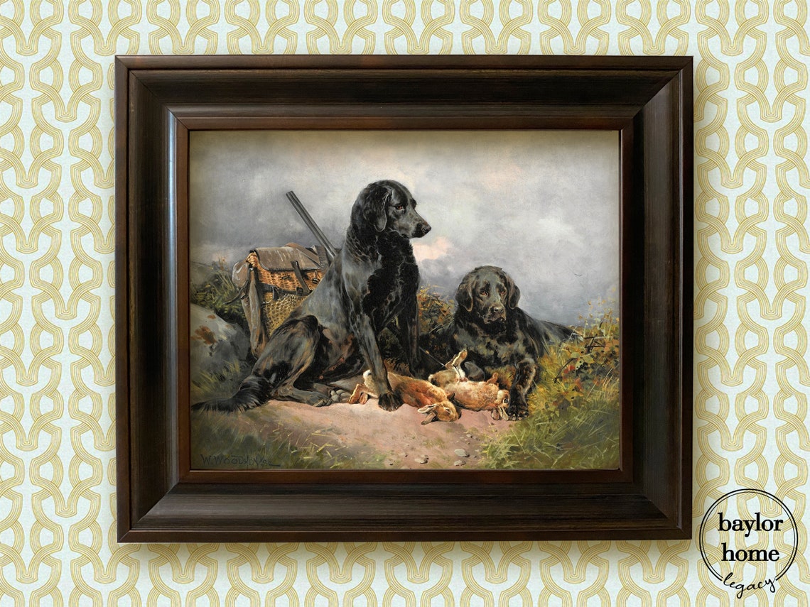 Two Black Hunting Dogs Resting After Hunt Vintage Gun Dog Art Poster