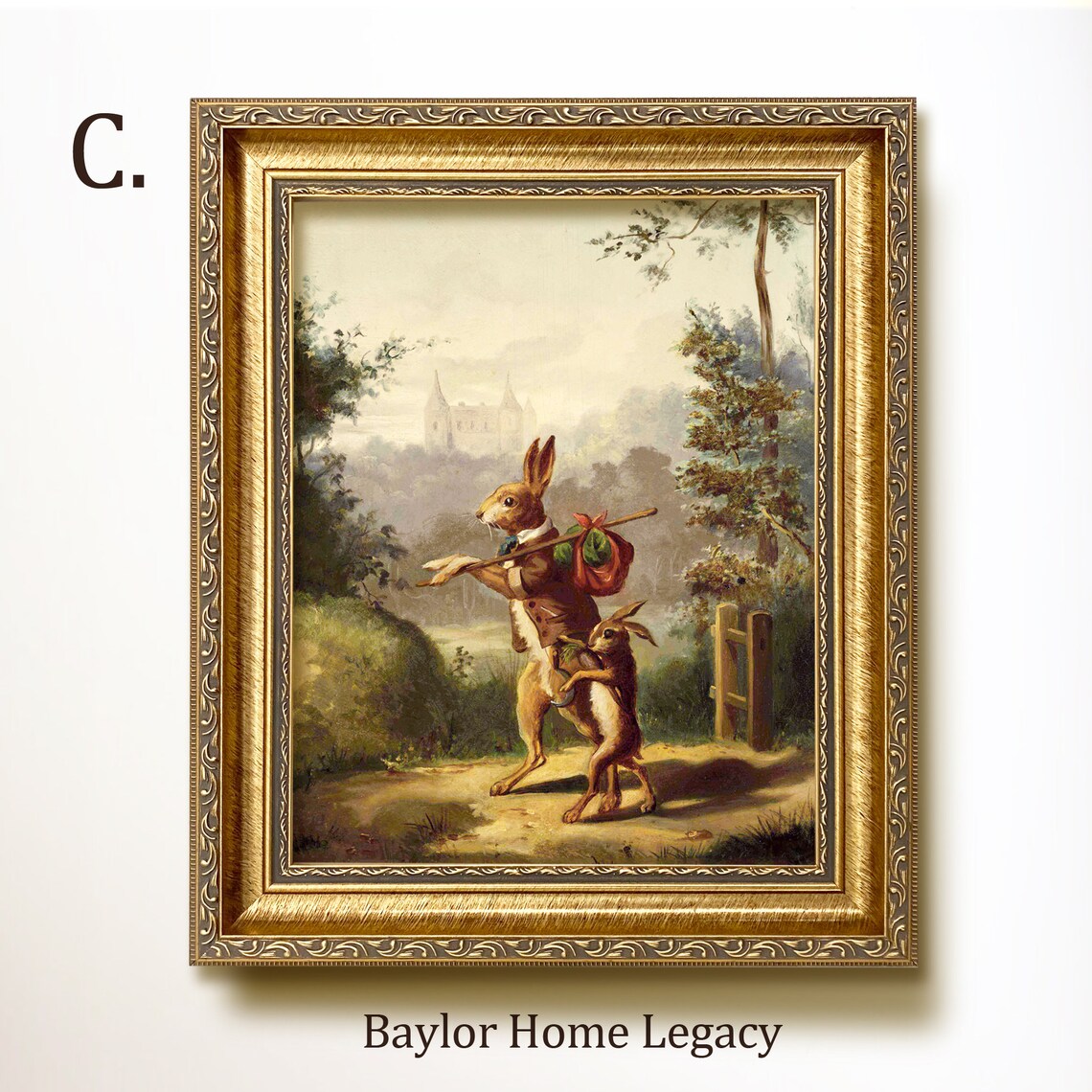 Walking Rabbits Vintage Oil Painting Art Print - Image 2