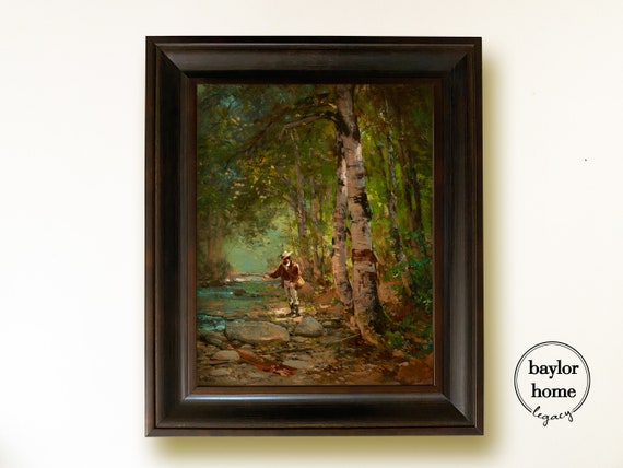 Framed Fisherman Painting Fisherman In Stream Oil Painting Print On Vintage Fishing Artwork