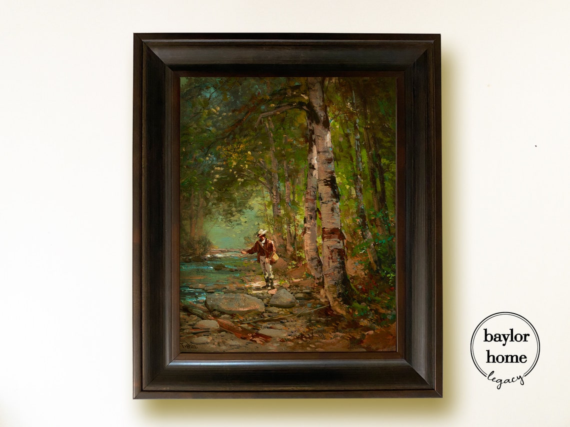 Framed Fisherman Painting Fisherman In Stream Oil Painting Print On Vintage Fishing Artwork