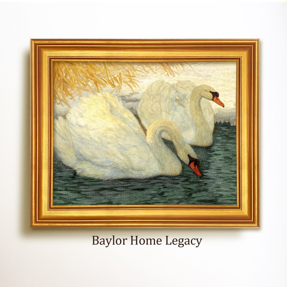 White Swans In A Pond Vintage Country Cottage Art Print