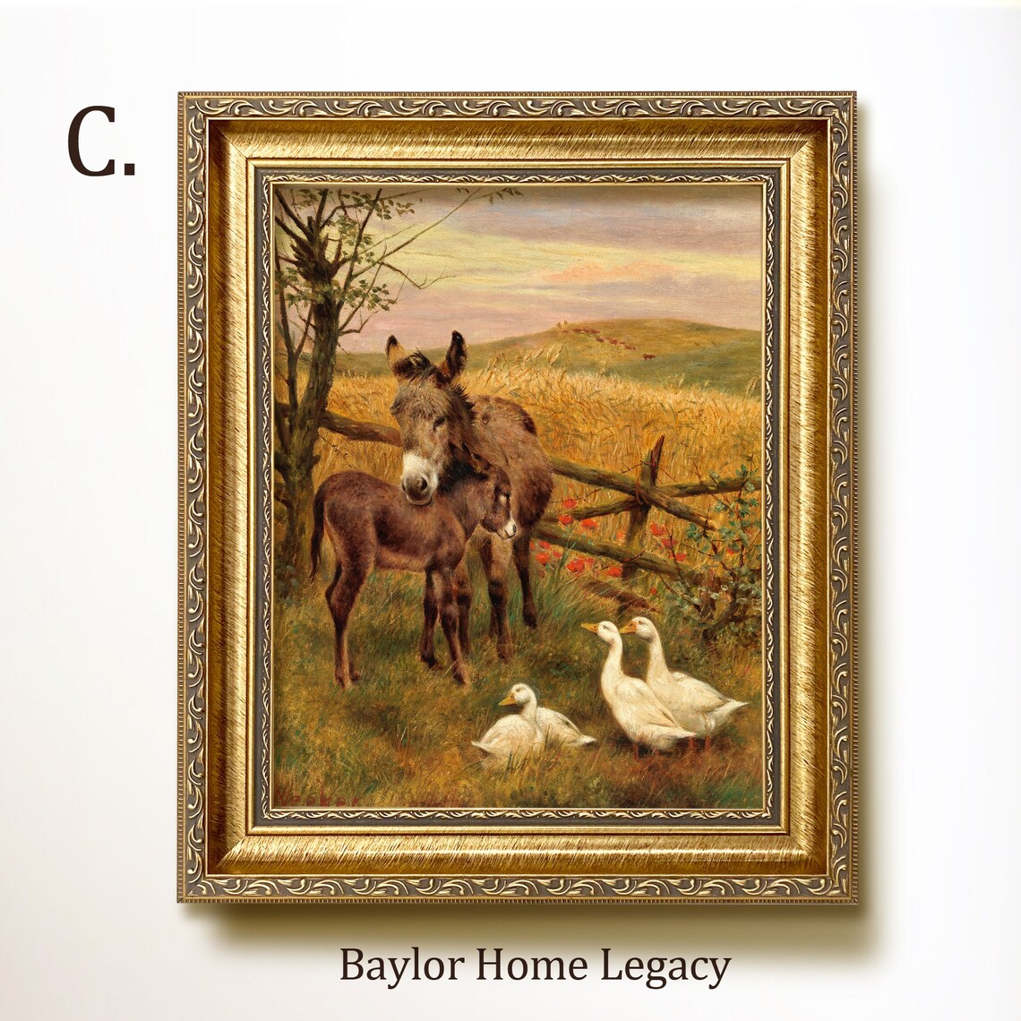 Ducks and Donkey Antique Oil Painting Art Print - Image 3