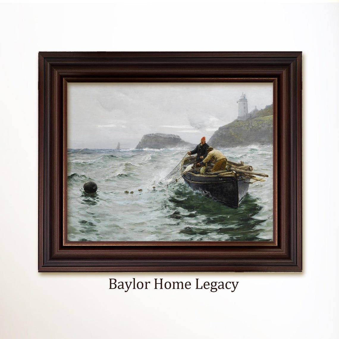 Framed Fishermen Oil Painting Print On Fishermen In Boat Art Print In Wood Frame Fishing Fine Art Print