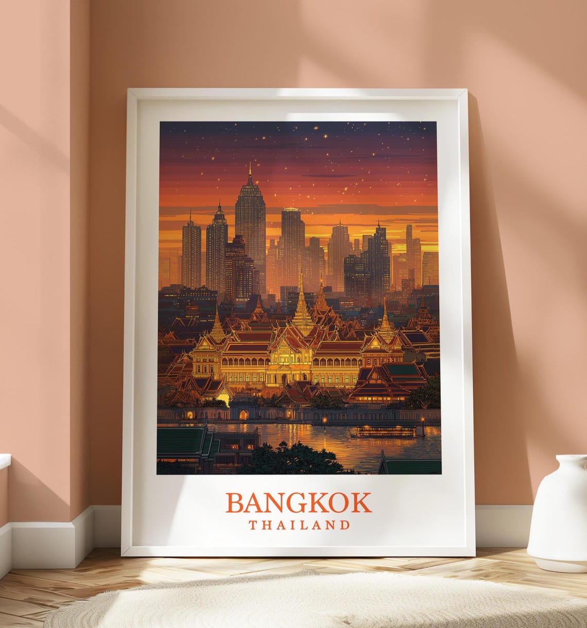 Vintage Bangkok Thailand Grand Palace City Sunset Skyline Poster