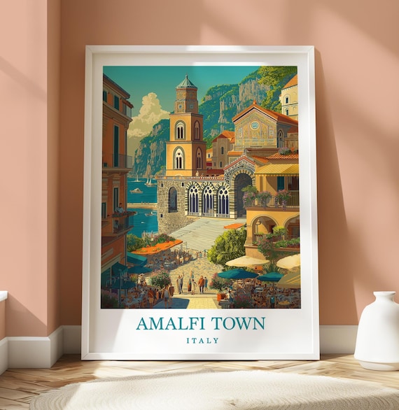 Amalfi Town Italy Cathedral Piazza Coastal Vintage Travel Poster