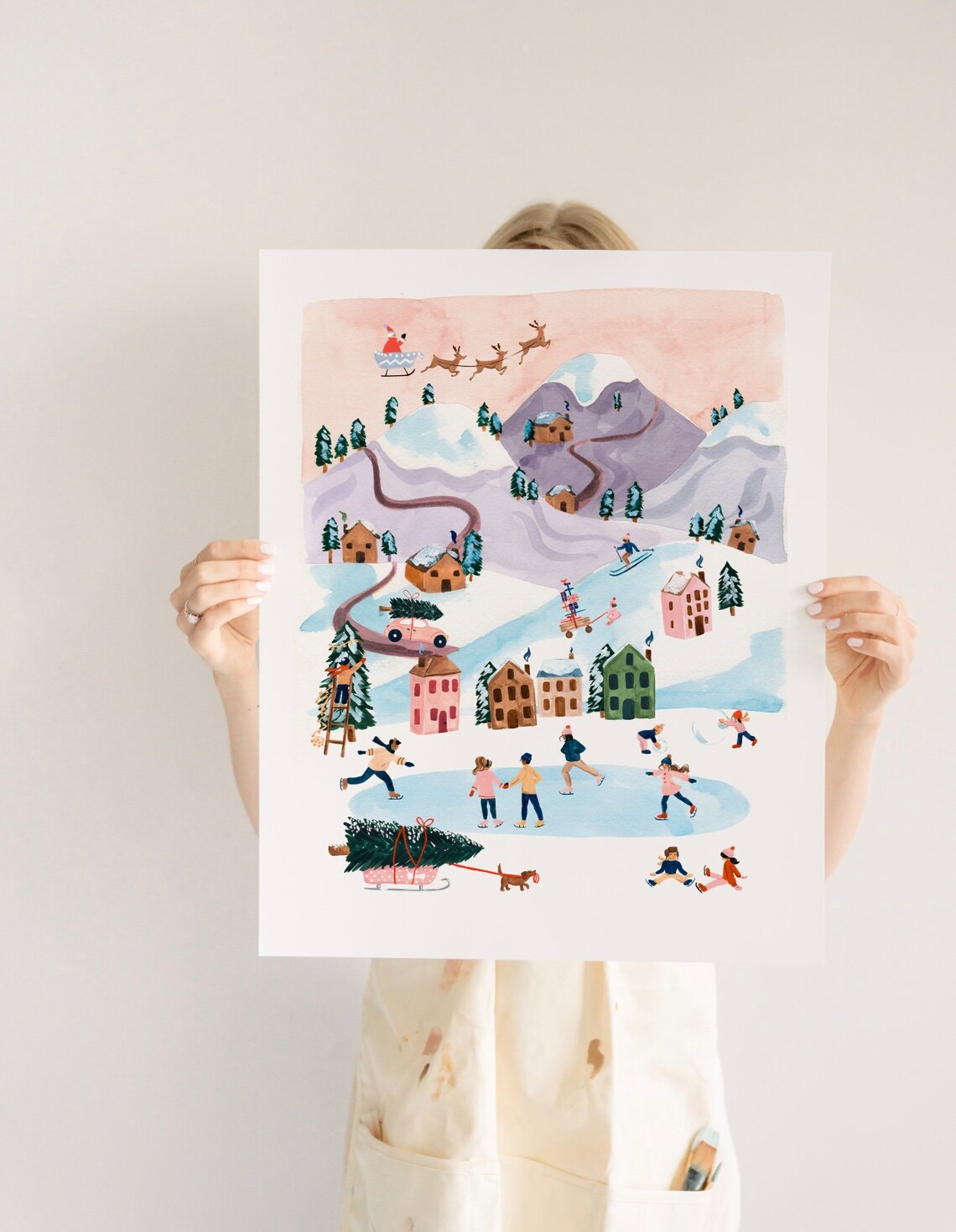 Christmas Village Holiday Watercolor Gouache Art Print - Image 2