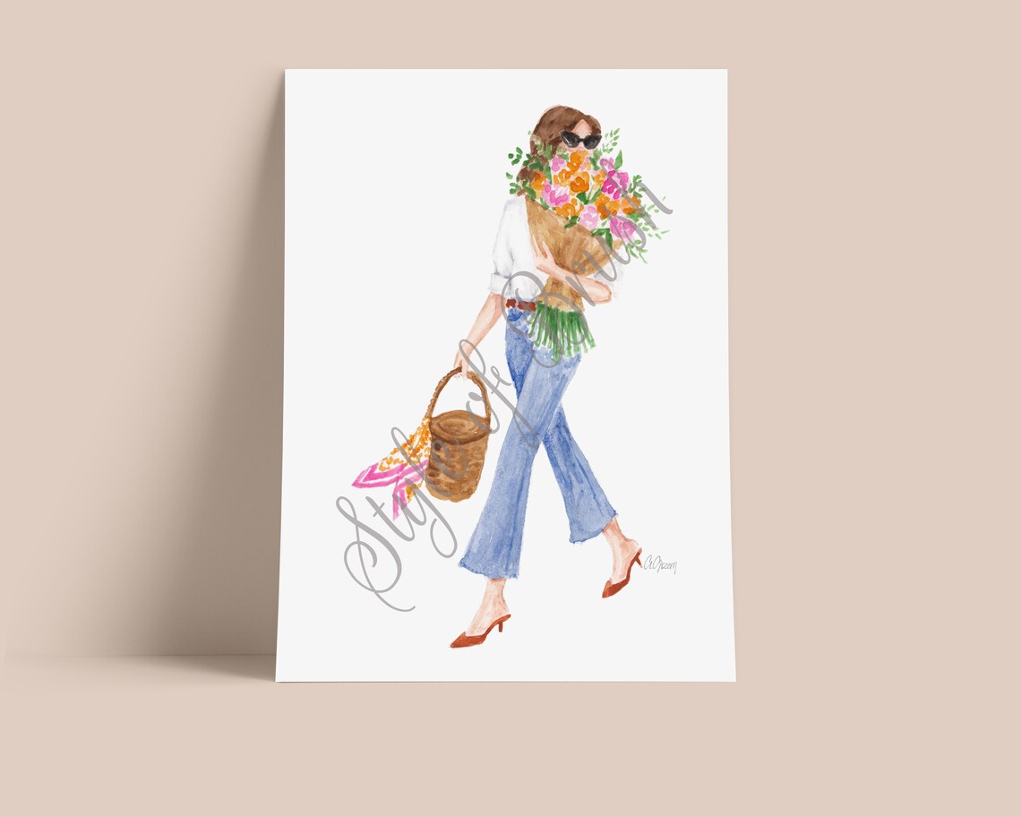 Stylish Girl Carrying Flowers and Basket Watercolor Fashion Poster - Image 2
