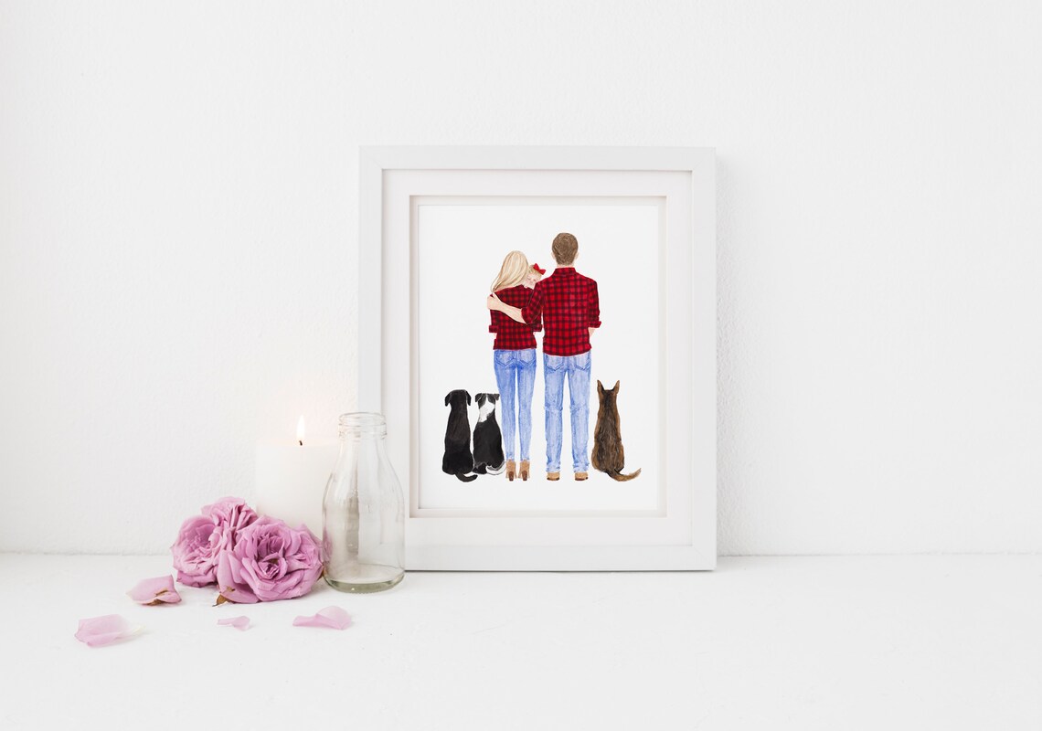 Plaid Shirts Family with Daughter Two Dogs and Cat Portrait Poster - Image 2