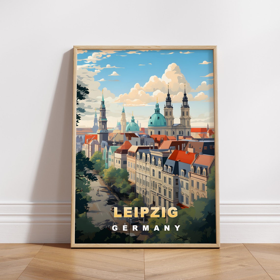 Leipzig Germany Retro Travel Poster Historic Rooftops Teal Dome View