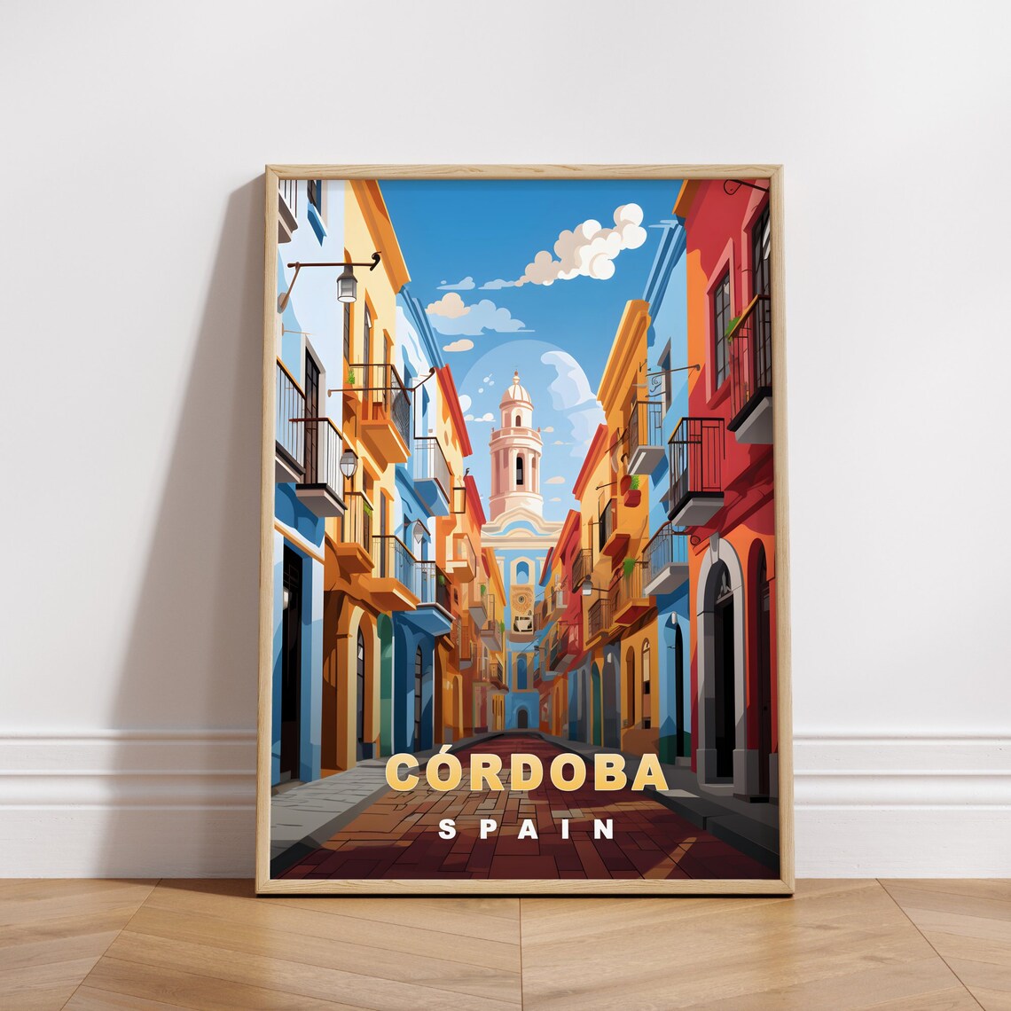 Cordoba Spain Colorful Street Church Tower Retro Travel Poster Art
