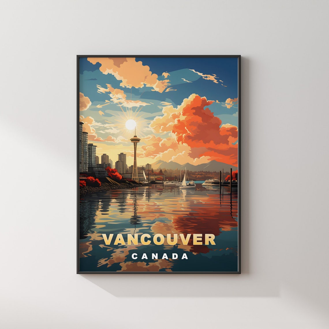 Vancouver Canada Harbor Sailboats Needle Tower Sunset Travel Poster - Image 2
