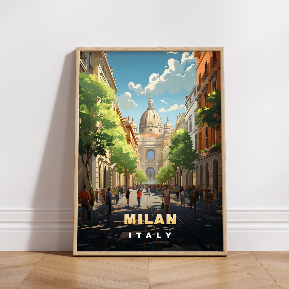 Milan Italy Retro Travel Poster Grand Dome Boulevard Street Scene