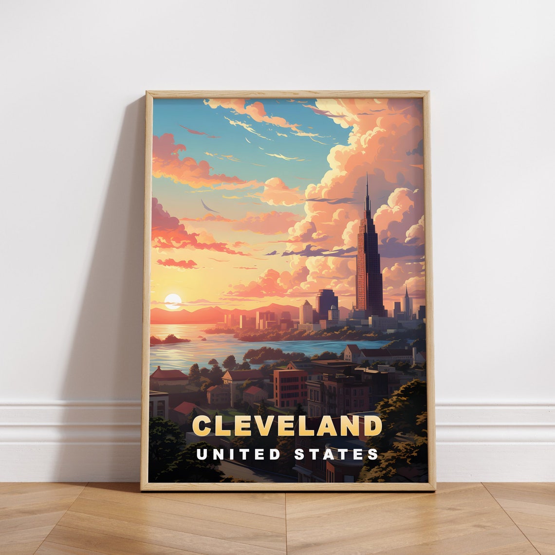 Cleveland Skyline Lake Erie Sunset Tall Tower Vintage Travel Poster