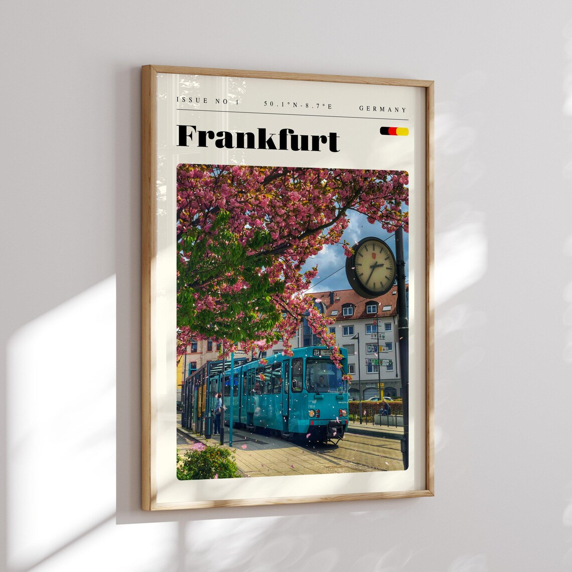 Frankfurt Germany Teal Tram Cherry Blossoms Photo Travel Poster - Image 2