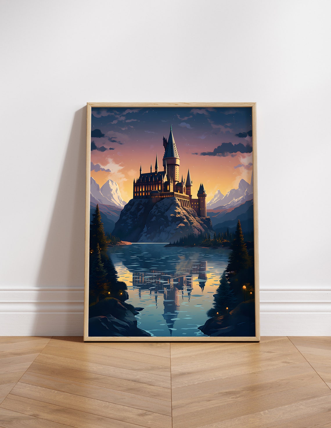 Hogwarts Castle Twilight Lake Reflection Mountain Wizard Poster